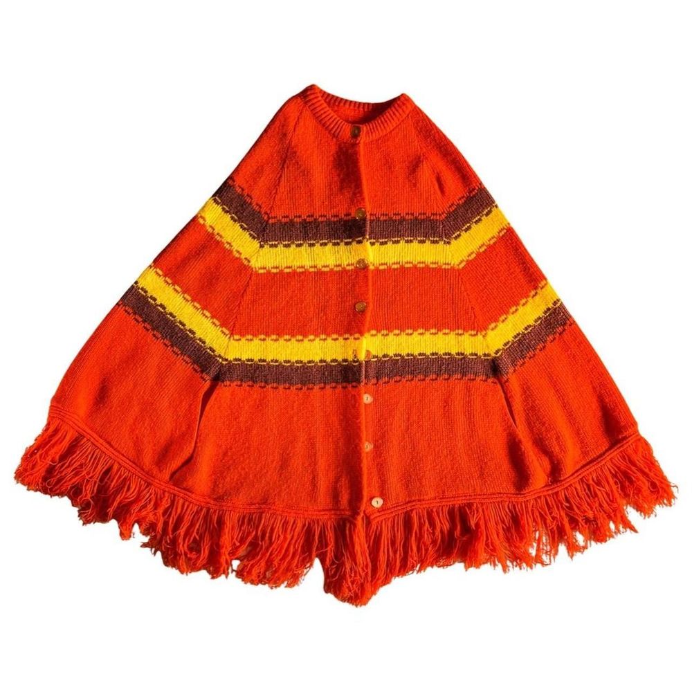 Vintage 70s Knit Poncho Cape, Retro Orange, FREE SHIPPING